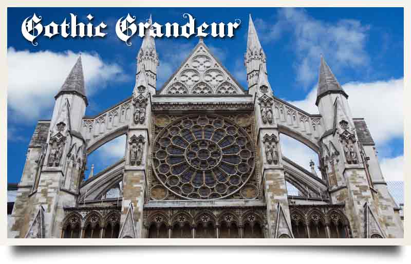 Westminster Abbey tours postcard The Gothic architecture of the North Entrance with caption 'Gothic Grandeur'.