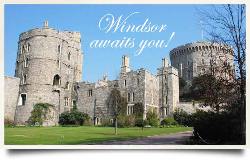 Windsor Castle tours postcard On a bright summer's day with caption 'Wndsor awaits you!'.