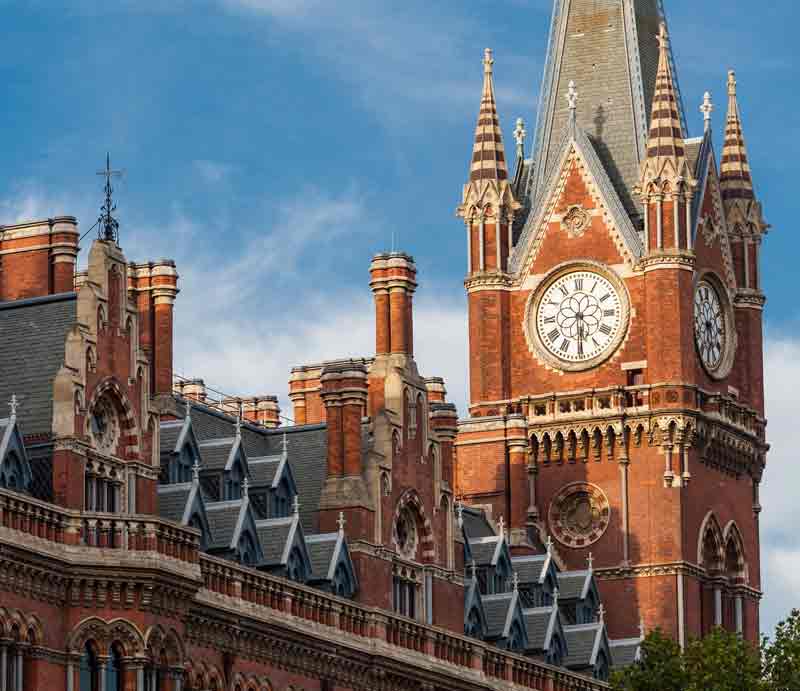 Victorian Gothic Revival architecture of the clock tower.