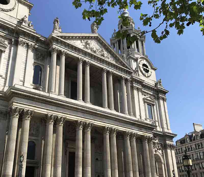 St. Paul's Cathedral West façade with double-storey portico and Baroque towers.