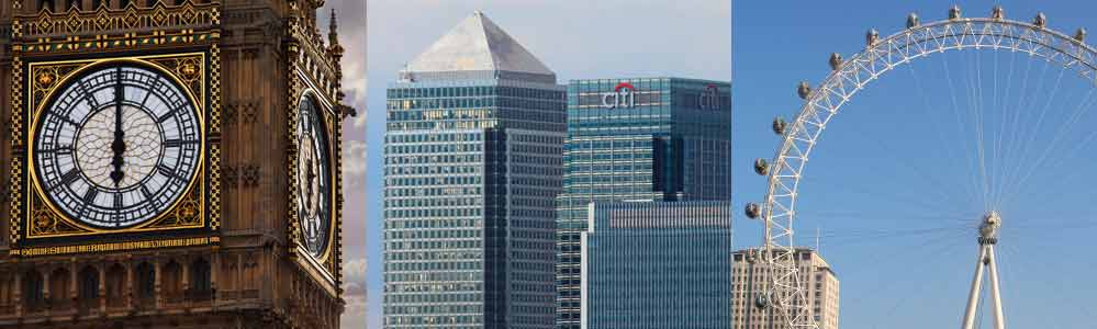 Big Ben, Canary Wharf and the London Eye.